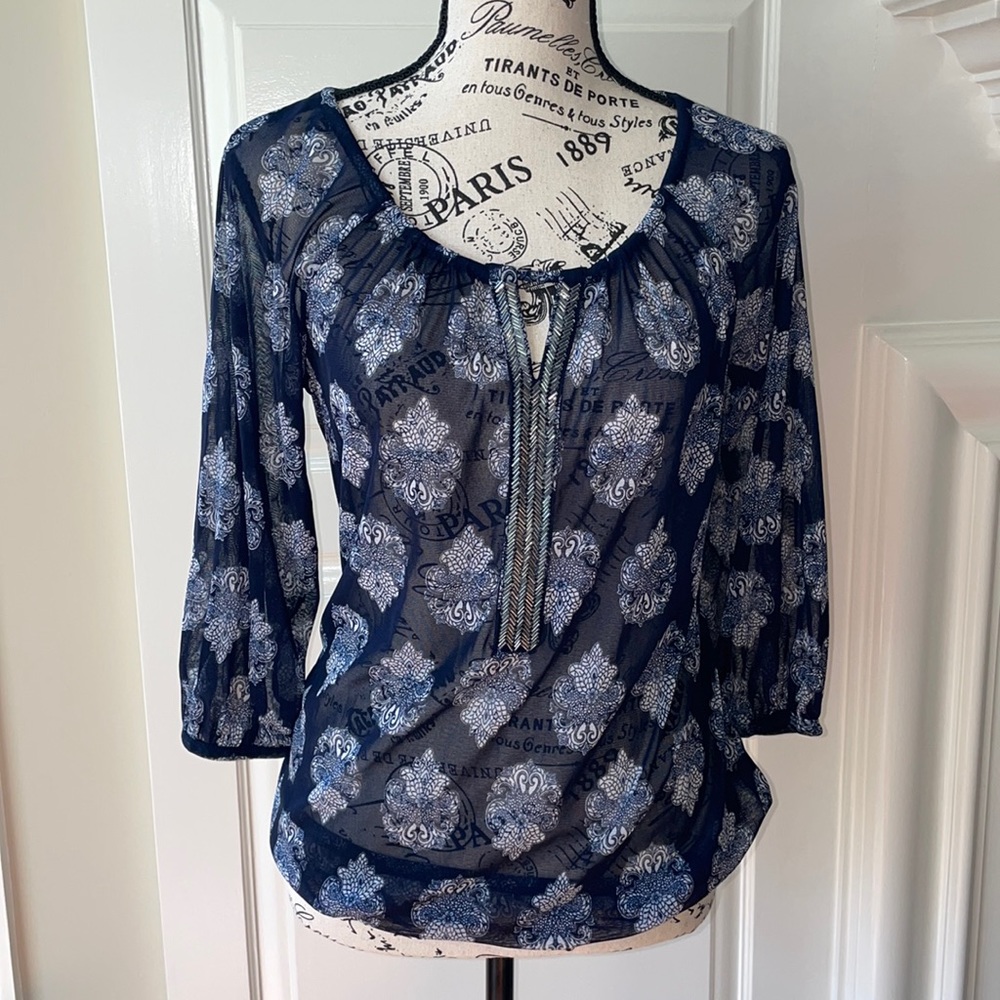 INC Navy Paisley Print Sheer 3/4 Sleeve Blouse